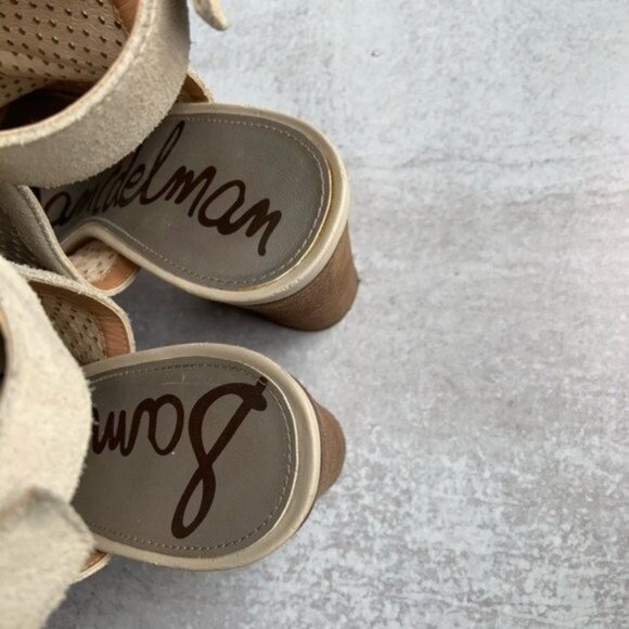 Sam Edelman Peep Toe Perforated Leather Heels Caged Ankle in Cream - Picture 5 of 6